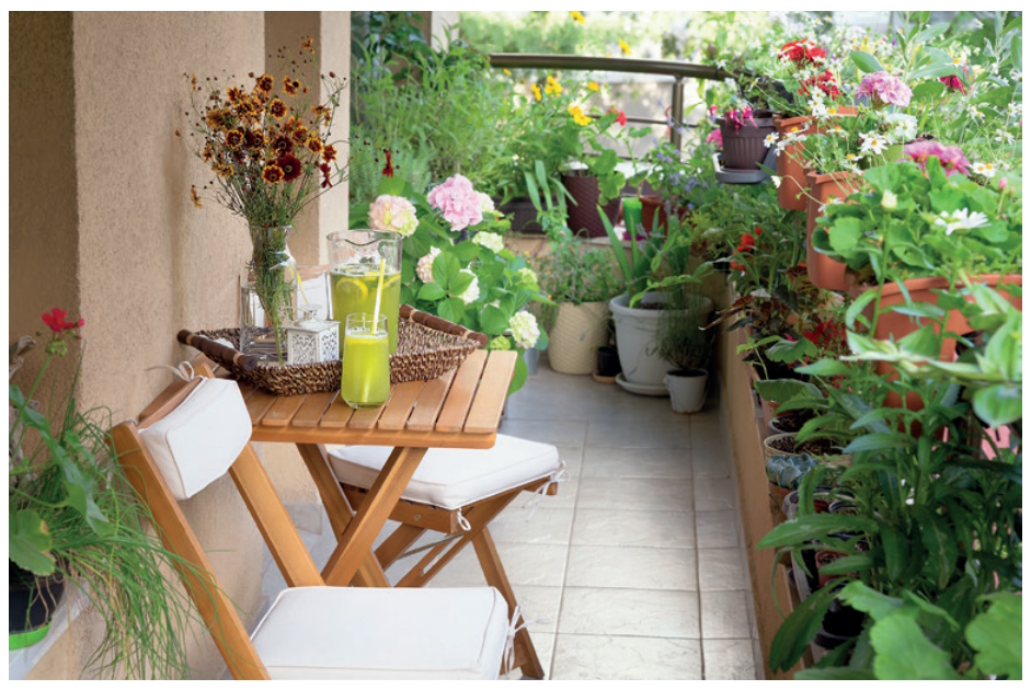 lovely balcony garden with flowers and seating area