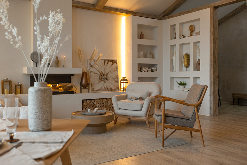 A cosy living room decorated in neutral colours.