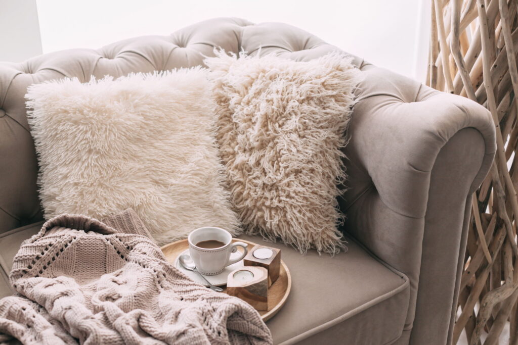 sofa with cushions and tray with coffee